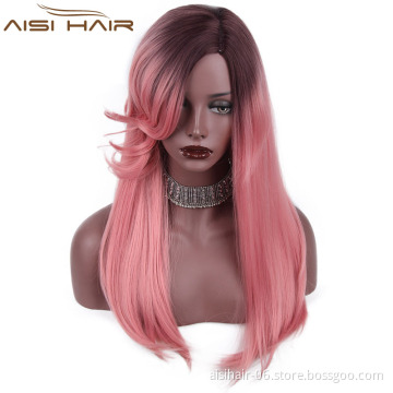 New Style Side Part long Silky Straight Wave Wigs Synthetic Ombre Pink Color Fiber Heat Resistant Wig